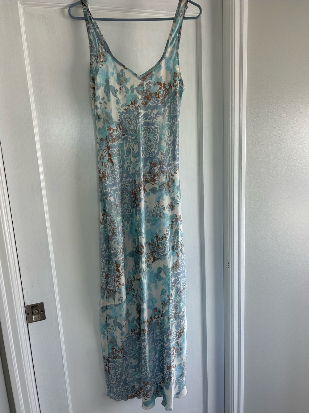 Free People Aqua, Cream & Brown Floral Slip Maxi